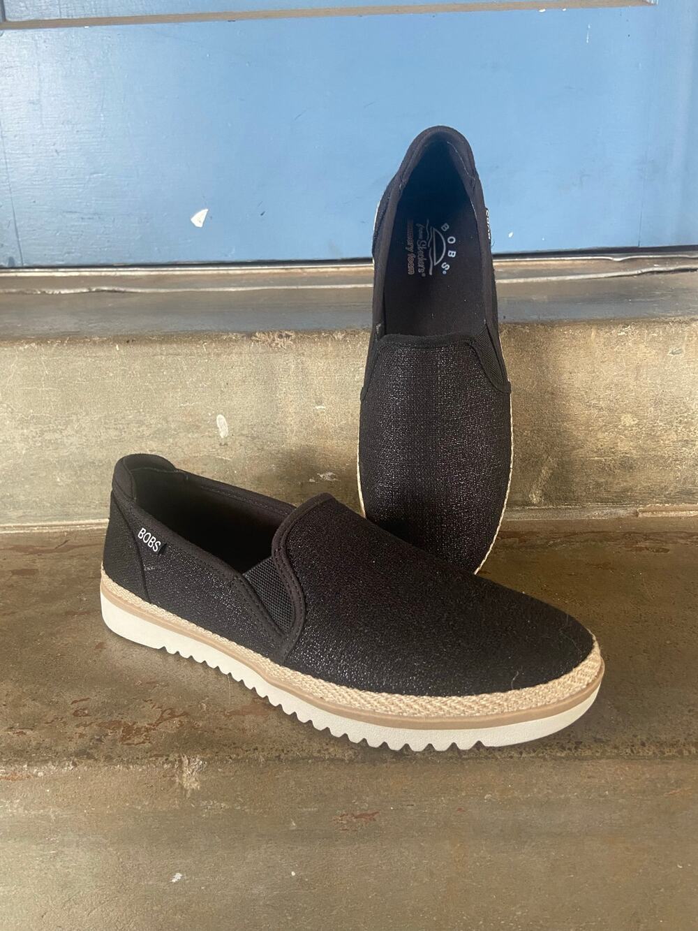 Bob’s by Skechers Flexpadrille Lo black shimmer textile espadrille loafer